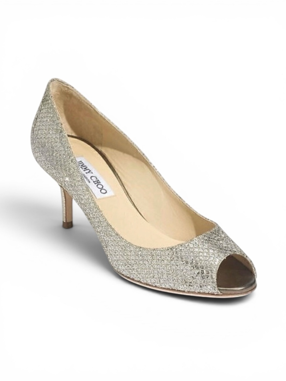 Jimmy Choo Isabel Champagne Glitter Peep Toe Kitten Heels Cocktail EU 39 (US 9)